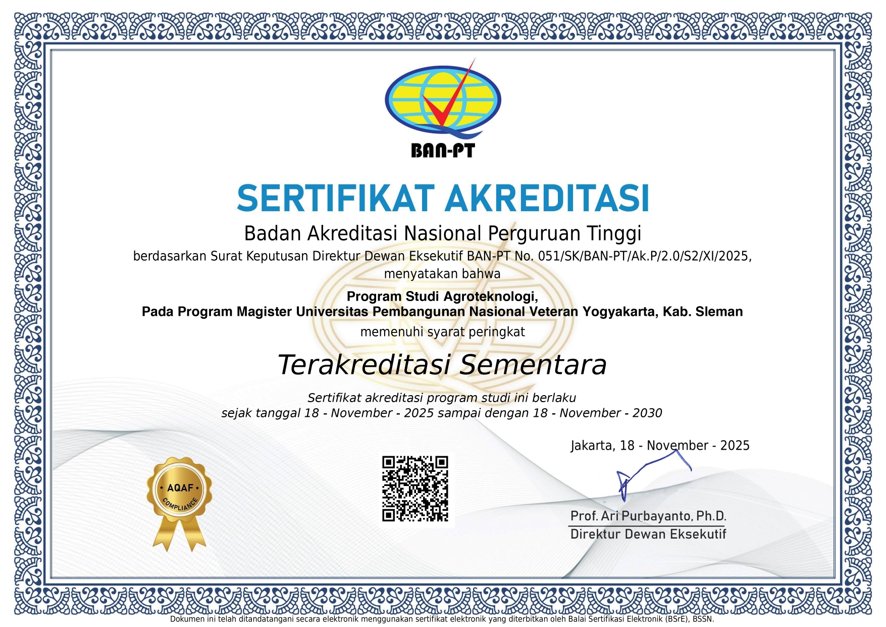 Akreditasi Program Studi Magister Agroteknologi UPNVY